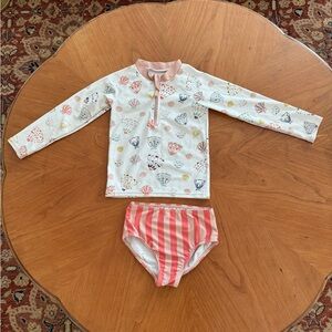 Pehr 2T-3T Rash Guard and Bikini Set with Seashell Print and Striped Bottoms